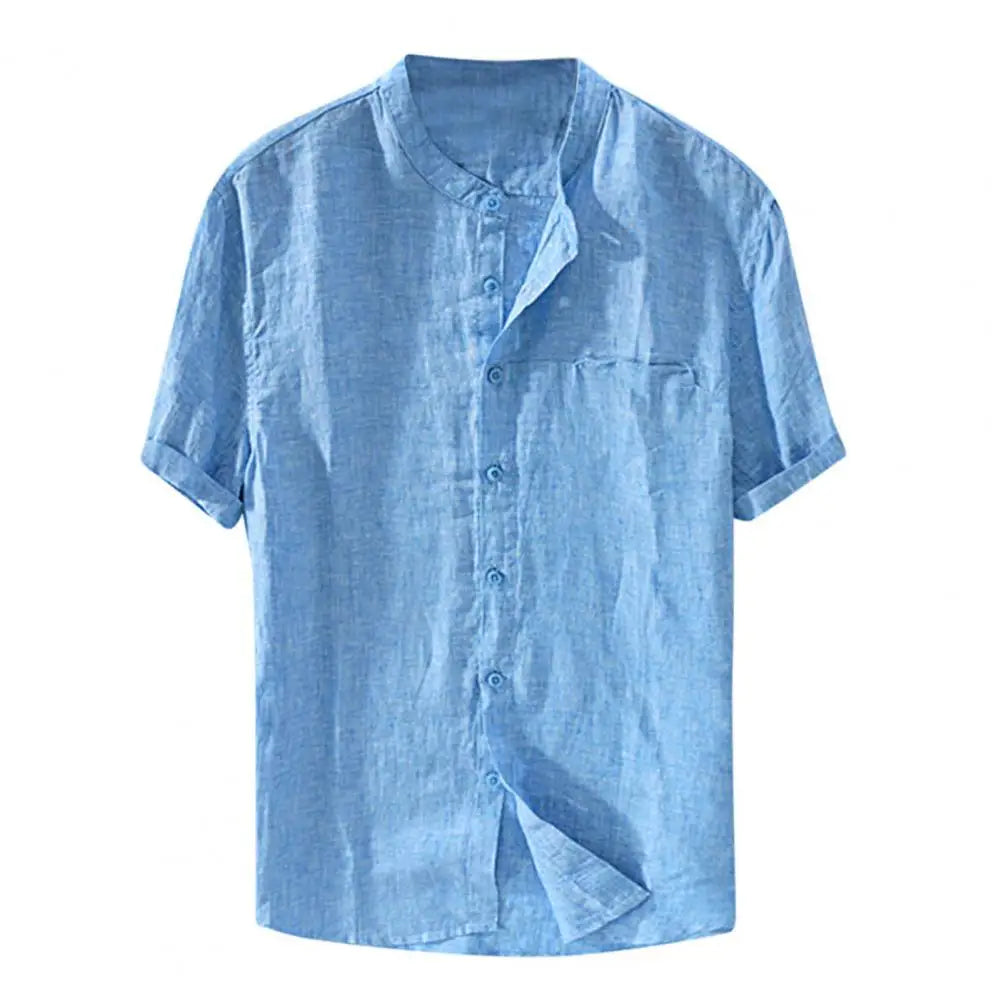 Casual Men Shirt Skin-friendly Solid Color Single-breasted Stand Collar Summer Loose Single-breasted Top for Summer Daily Wear