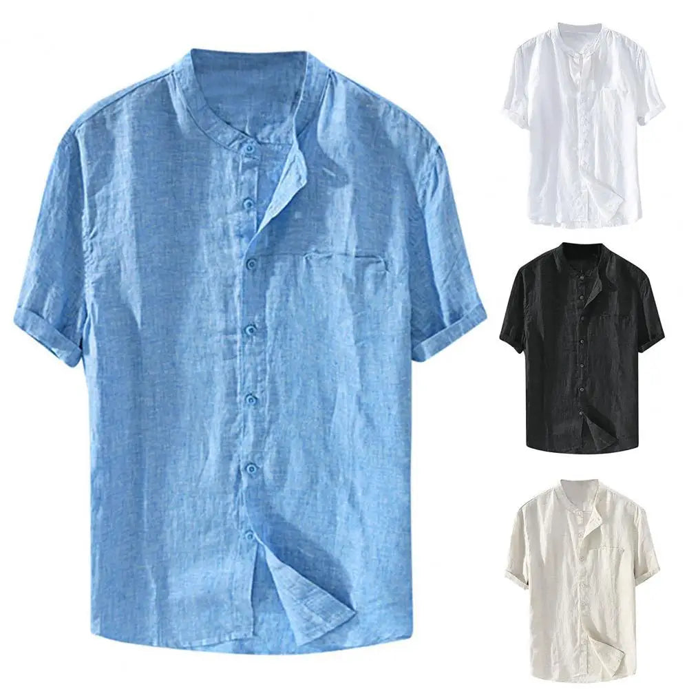 Casual Men Shirt Skin-friendly Solid Color Single-breasted Stand Collar Summer Loose Single-breasted Top for Summer Daily Wear