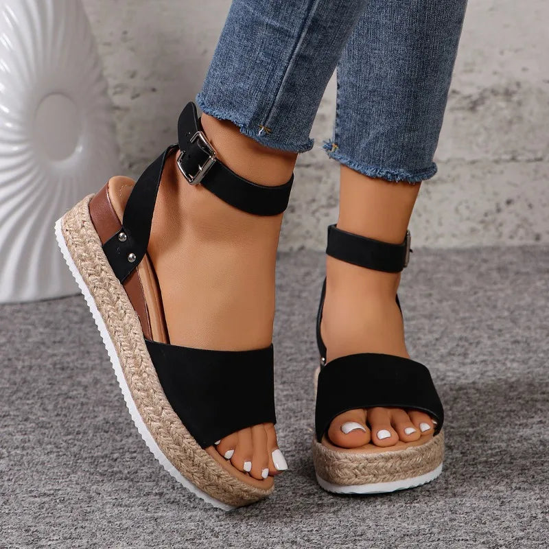 Hemp Rope Slope Heel Sandals Casual Sandal Open Toe Buckle Ankle Strap Espadrilles Flatform Wedge Women Thick  Beach slides