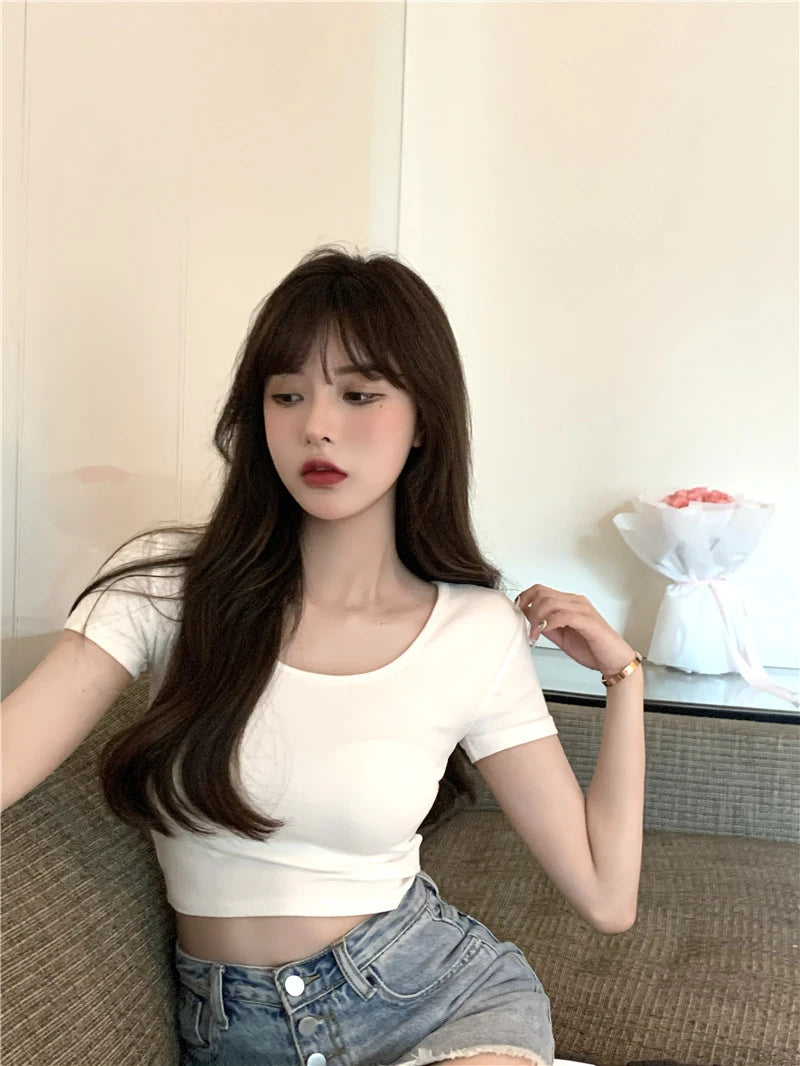 Korean Fashion Summer Fashion Y2K T-shirt Woman Short Sleeve Crop Top Women Sexy Skinny Tee Shirt Femme Solid V-neck Clothes