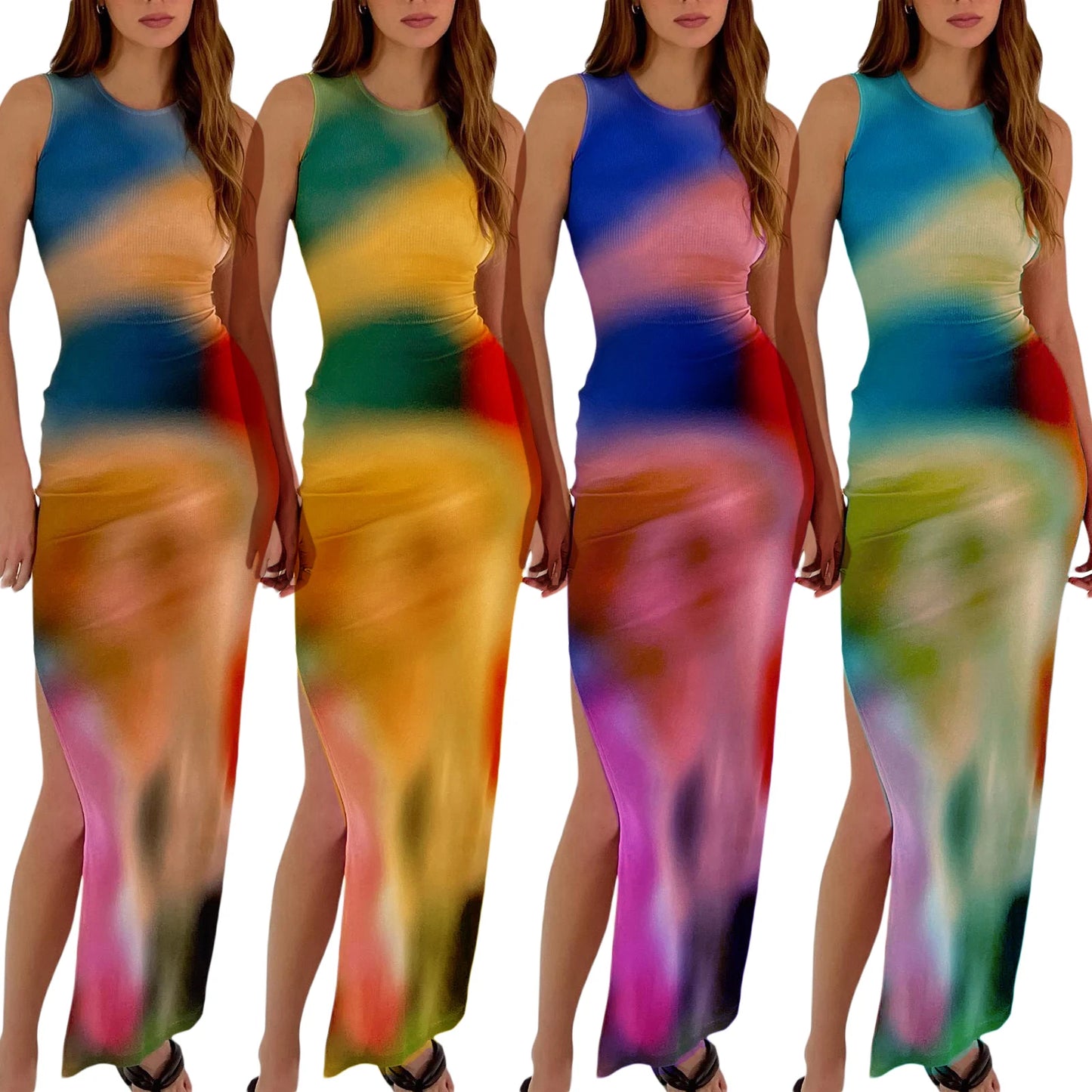 Women Y2k Tie Dye Tank Dress Sleeveless Bodycon Long Dresses Printed Slim Fit Short Dress Trendy Summer Sundress