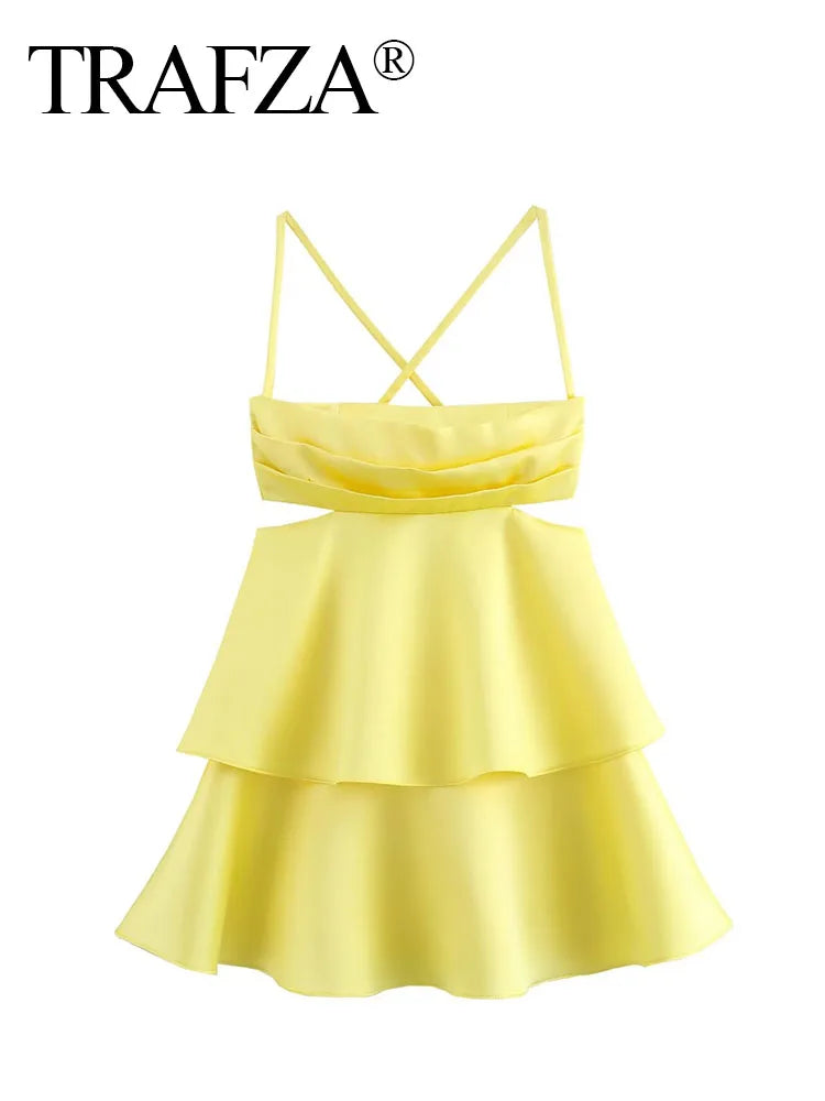 TRAFZA 2024 Woman's Sexy Mini Dress Yellow Square Collar Sleeveless Backless Hollow Out Zipper Summer Dresses Woman Trendy Traf