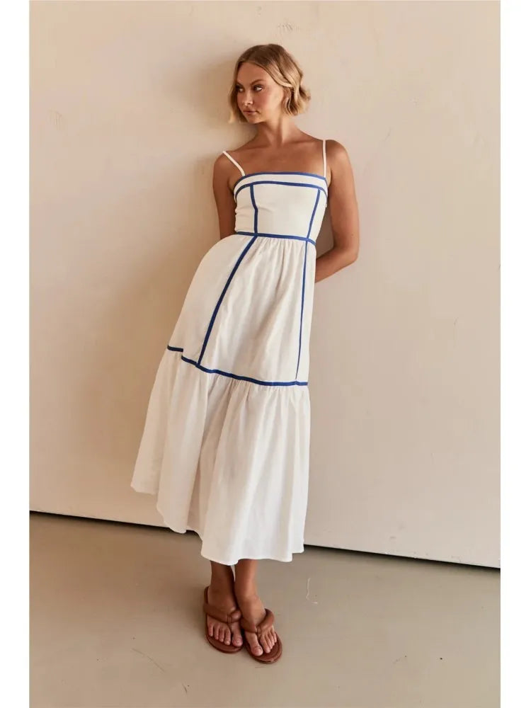 Solid Color Stripe Patchwork Spaghetti Strap Dresses Women Fashion Trendy Temperament Elegant Lady A-line Long Dress Streetwear