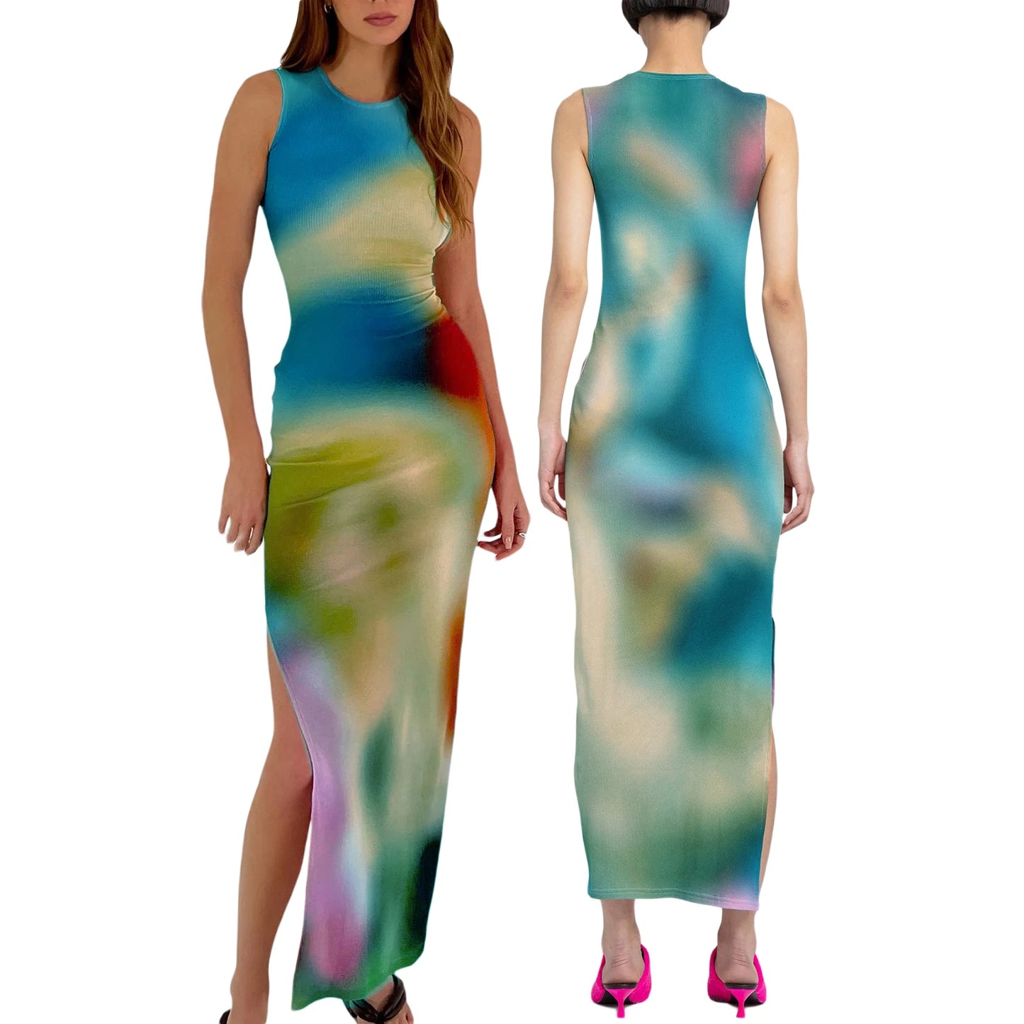 Women Y2k Tie Dye Tank Dress Sleeveless Bodycon Long Dresses Printed Slim Fit Short Dress Trendy Summer Sundress