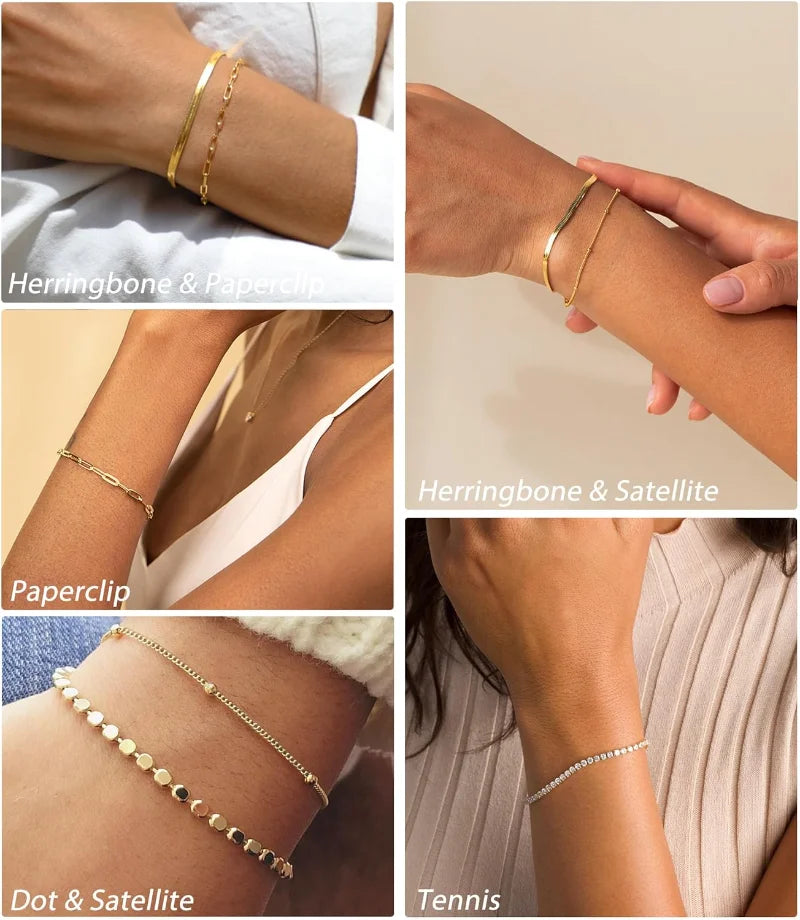 Waterproof Gold Bracelets Set for Women, Dainty 14K Real Gold Plated Tennis Beaded Figaro Herringbone Paperclip Link Bracelet