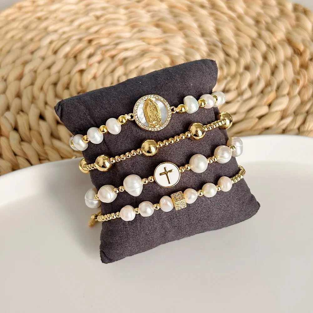 KKBEAD Natural Pearl Bracelet For Women Fashion Virgin Mary Guadalupe Jewelry 18 K Gold Plated Waterproof Bracelets Pulseras