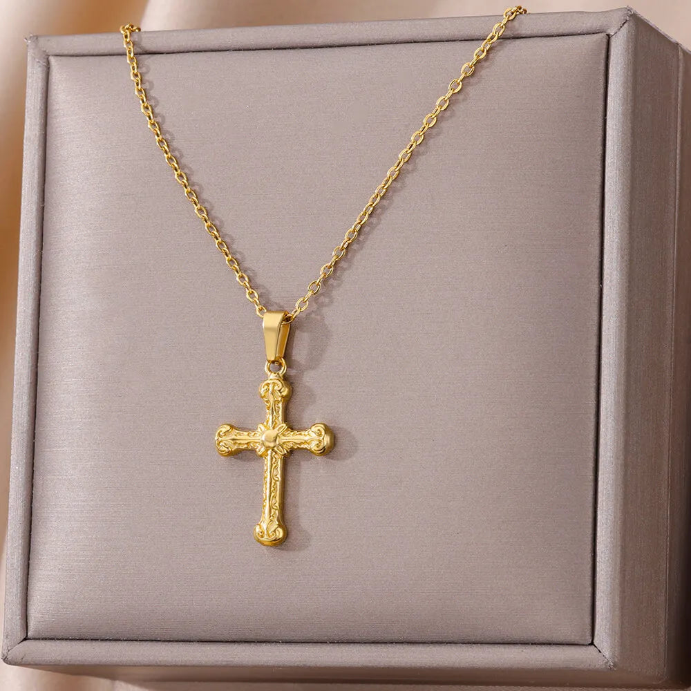 Gold Color Pendant Necklace for Women 316L Stainless Steel Jewelry Aesthetic Accessorie Wave Cross Goddess Necklace