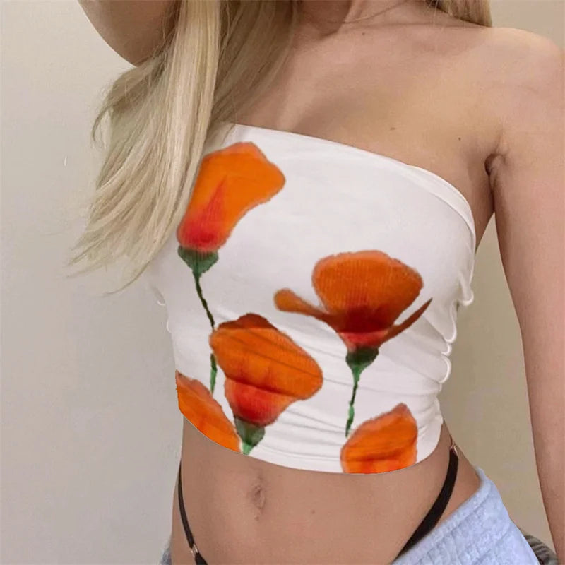 Y2k Tube Top Women Floral Graphic Off Shoulder Strapless Backless Sleeveless Sexy Going Out Fitted Crop Bandeau Tank Streetwear