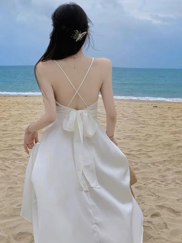 White Midi Dress Women Backless Elegant Sleeveless Lace-up Summer Vacation Beach Temper Trendy Kpop Clothes Ladies Vestidos Soft