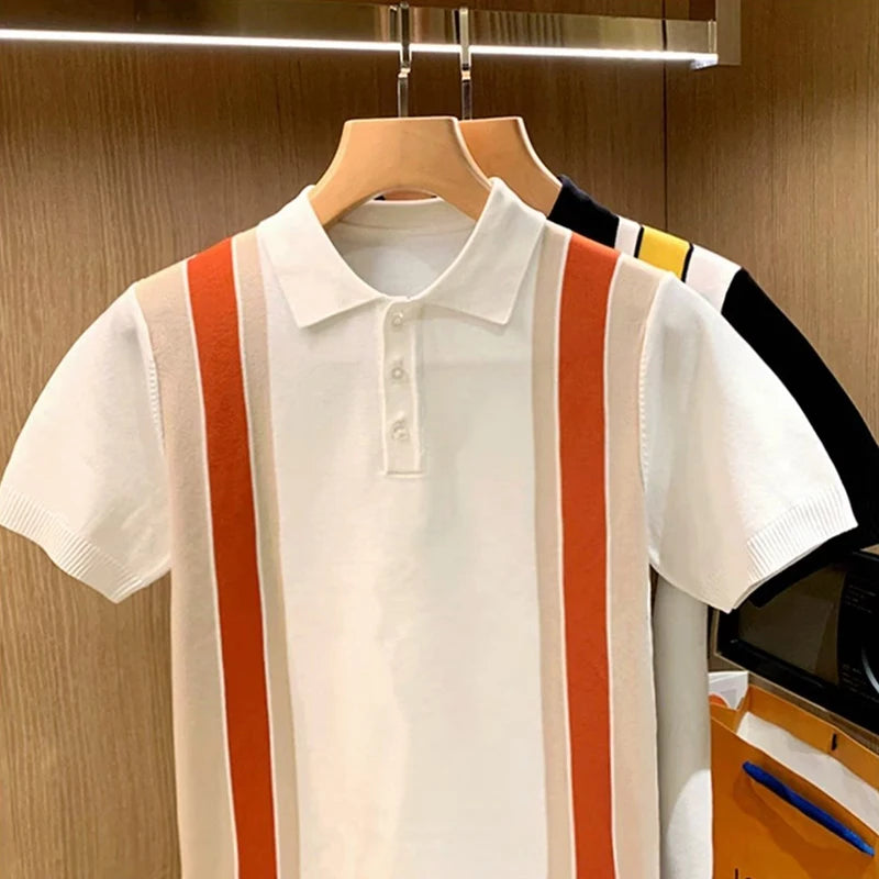 High Quality Knit Slim Polo Shirt Mens Vintage Striped Embroidery Knitted Tops Summer Casual Turn-down Collar Short Sleeve Polo