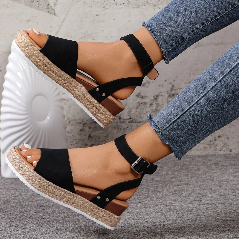 Hemp Rope Slope Heel Sandals Casual Sandal Open Toe Buckle Ankle Strap Espadrilles Flatform Wedge Women Thick  Beach slides