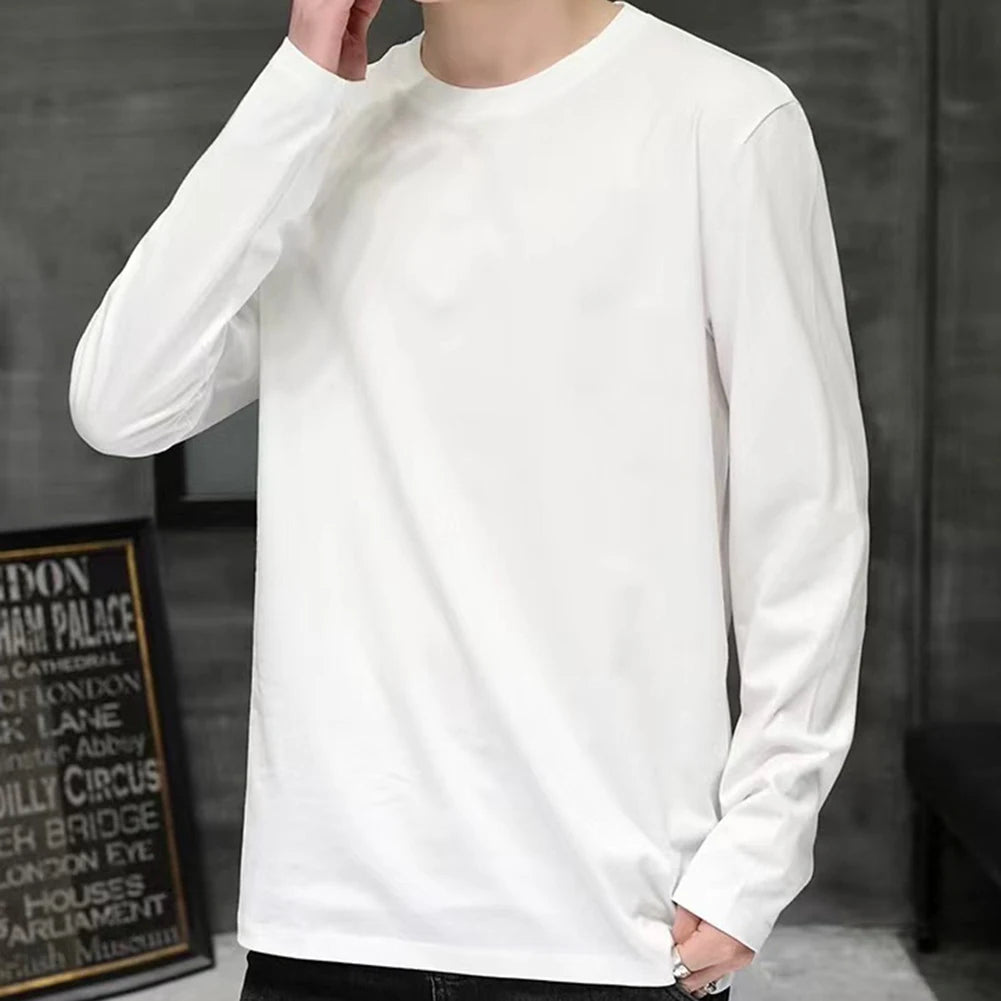 Casual Men's Cotton Long Sleeve T-Shirts Round-Collar Solid Color Basic Tees Tops Pullovers T Shirt Man Clothing