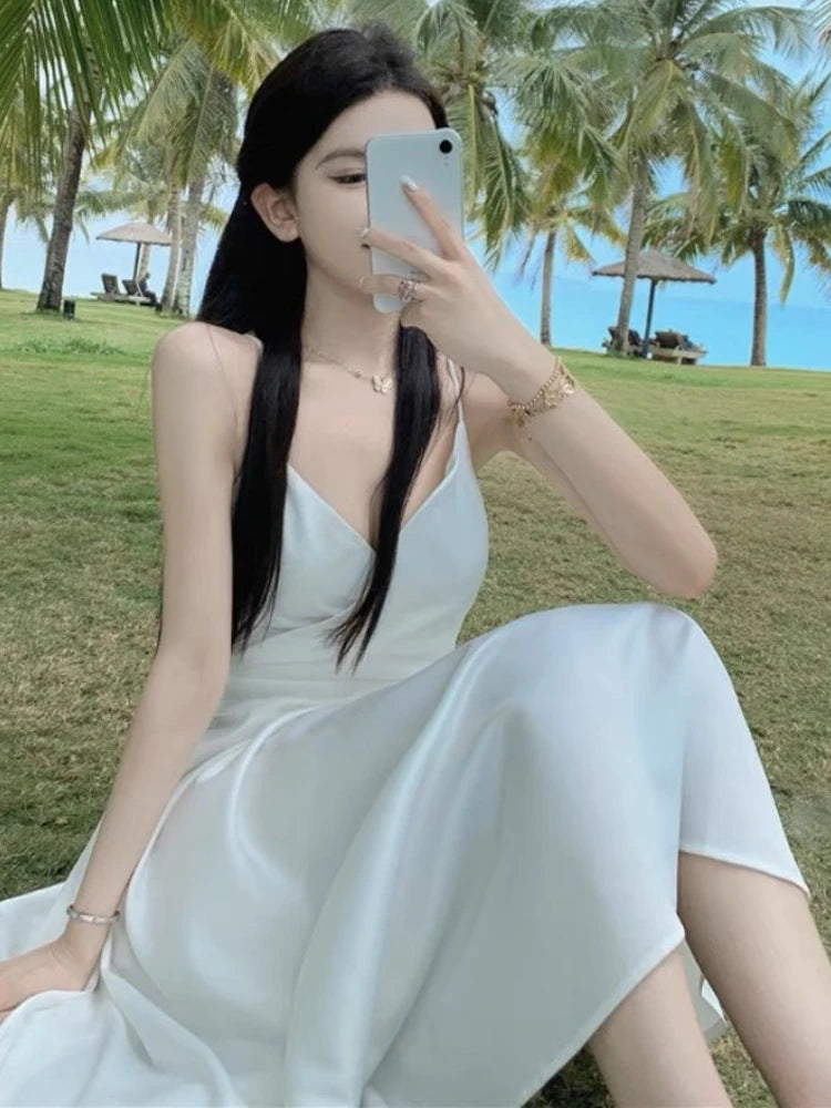 White Midi Dress Women Backless Elegant Sleeveless Lace-up Summer Vacation Beach Temper Trendy Kpop Clothes Ladies Vestidos Soft