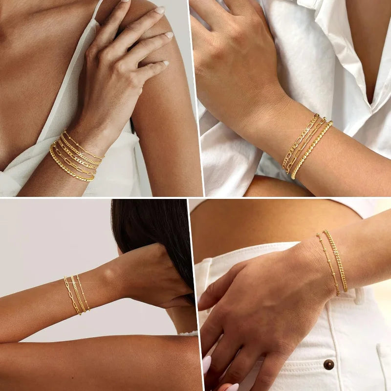 14K Gold Plated Stainless Steel Bracelet Set Waterproof Paperclip Chain Cuban Link Layered Bracelets Sets Gifts for Women Girls