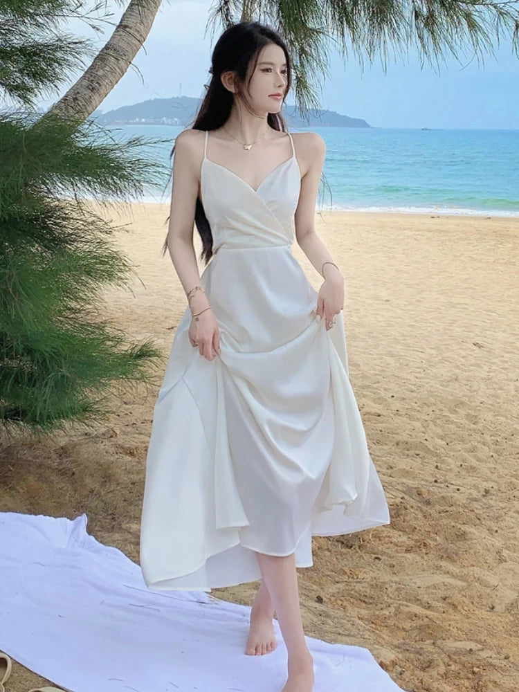 White Midi Dress Women Backless Elegant Sleeveless Lace-up Summer Vacation Beach Temper Trendy Kpop Clothes Ladies Vestidos Soft