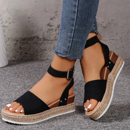 Hemp Rope Slope Heel Sandals Casual Sandal Open Toe Buckle Ankle Strap Espadrilles Flatform Wedge Women Thick  Beach slides