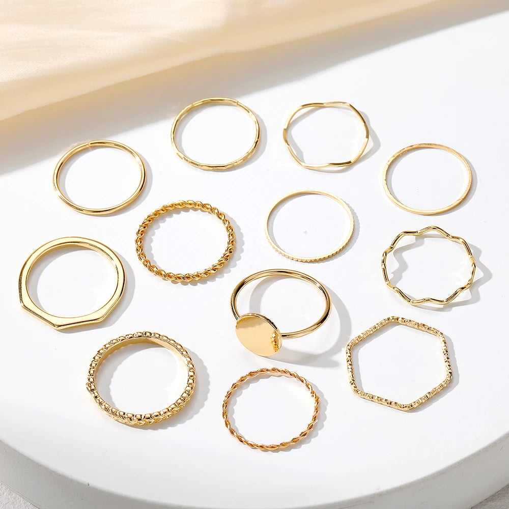 EN Simple Fashion Female Gold Color Rings Set for Women Girls Accessories 2023 Trend Round Shape Metal Wave Joint Ring Gifts