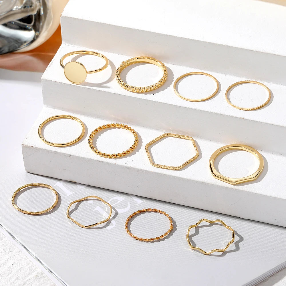 EN Simple Fashion Female Gold Color Rings Set for Women Girls Accessories 2023 Trend Round Shape Metal Wave Joint Ring Gifts