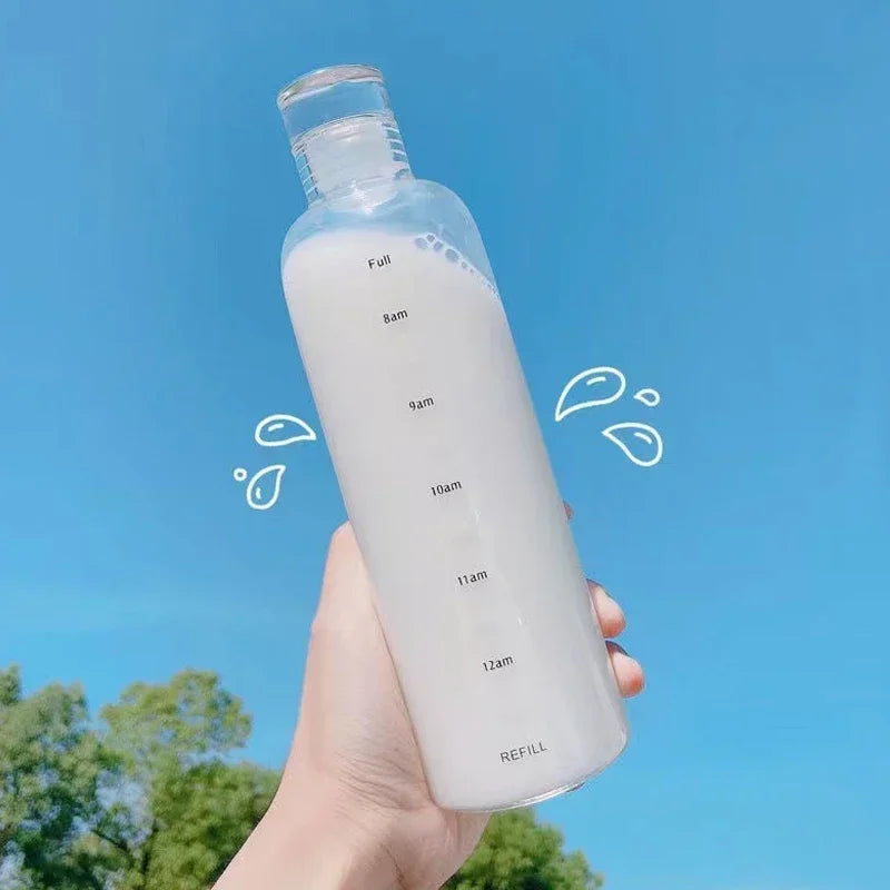 500/750ml Large Capacity Water Bottle with Time Marker Cover for Water Drink Transparent Milk Juice Cup Simple Cup Gift