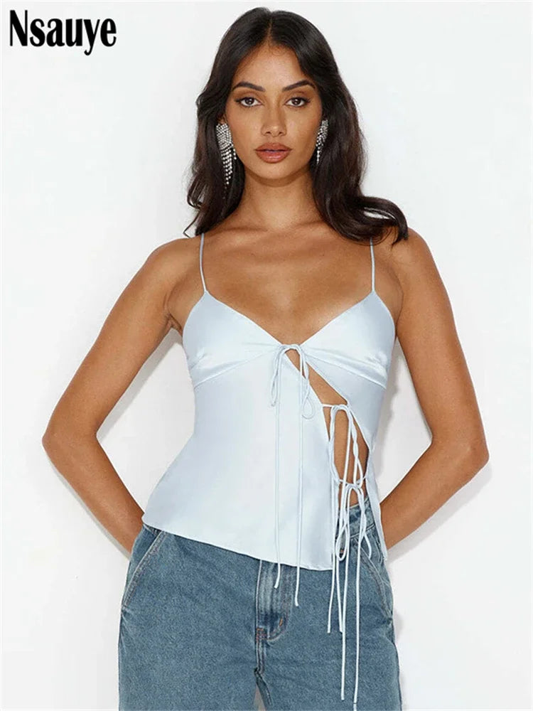 Nsauye Female Satin Chic Tie Up Hollow Out Crop Top For Women Summer Spaghetti Strap Backless Slim Party Tank Tops Y2K Vest 2024