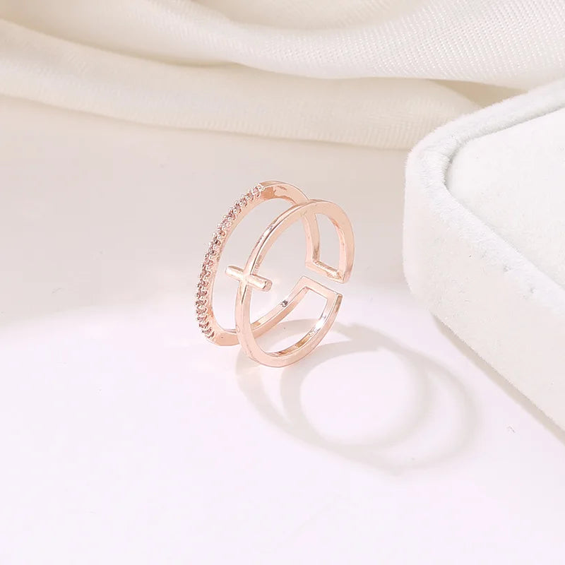 New Simple Multi Layer Rose Gold Color Cross Ring Elegant Female Wedding Party Opening Adjustable Ring Fashion Christian Gifts