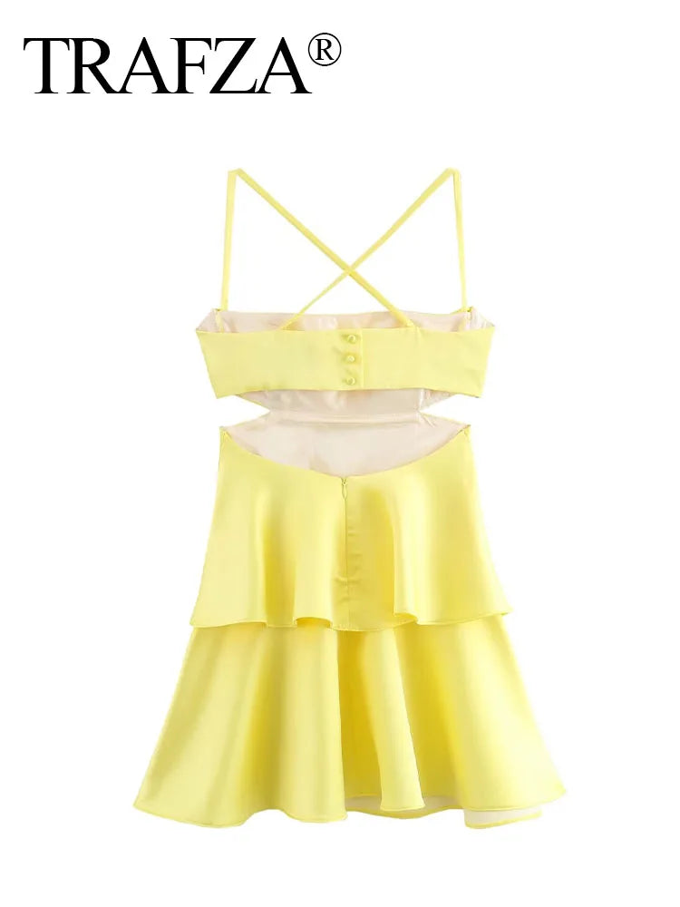 TRAFZA 2024 Woman's Sexy Mini Dress Yellow Square Collar Sleeveless Backless Hollow Out Zipper Summer Dresses Woman Trendy Traf