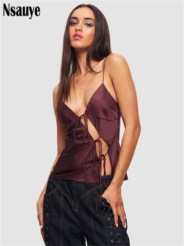 Nsauye Female Satin Chic Tie Up Hollow Out Crop Top For Women Summer Spaghetti Strap Backless Slim Party Tank Tops Y2K Vest 2024