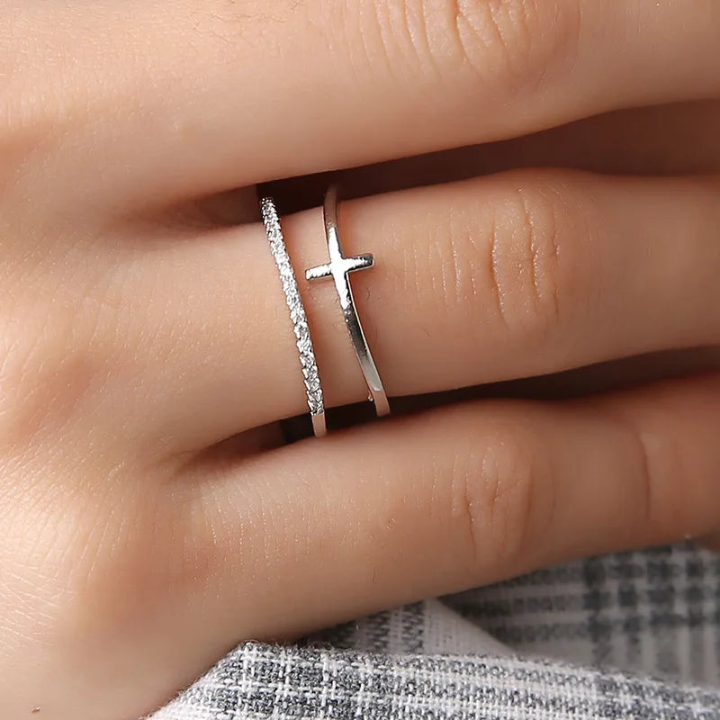 New Simple Multi Layer Rose Gold Color Cross Ring Elegant Female Wedding Party Opening Adjustable Ring Fashion Christian Gifts