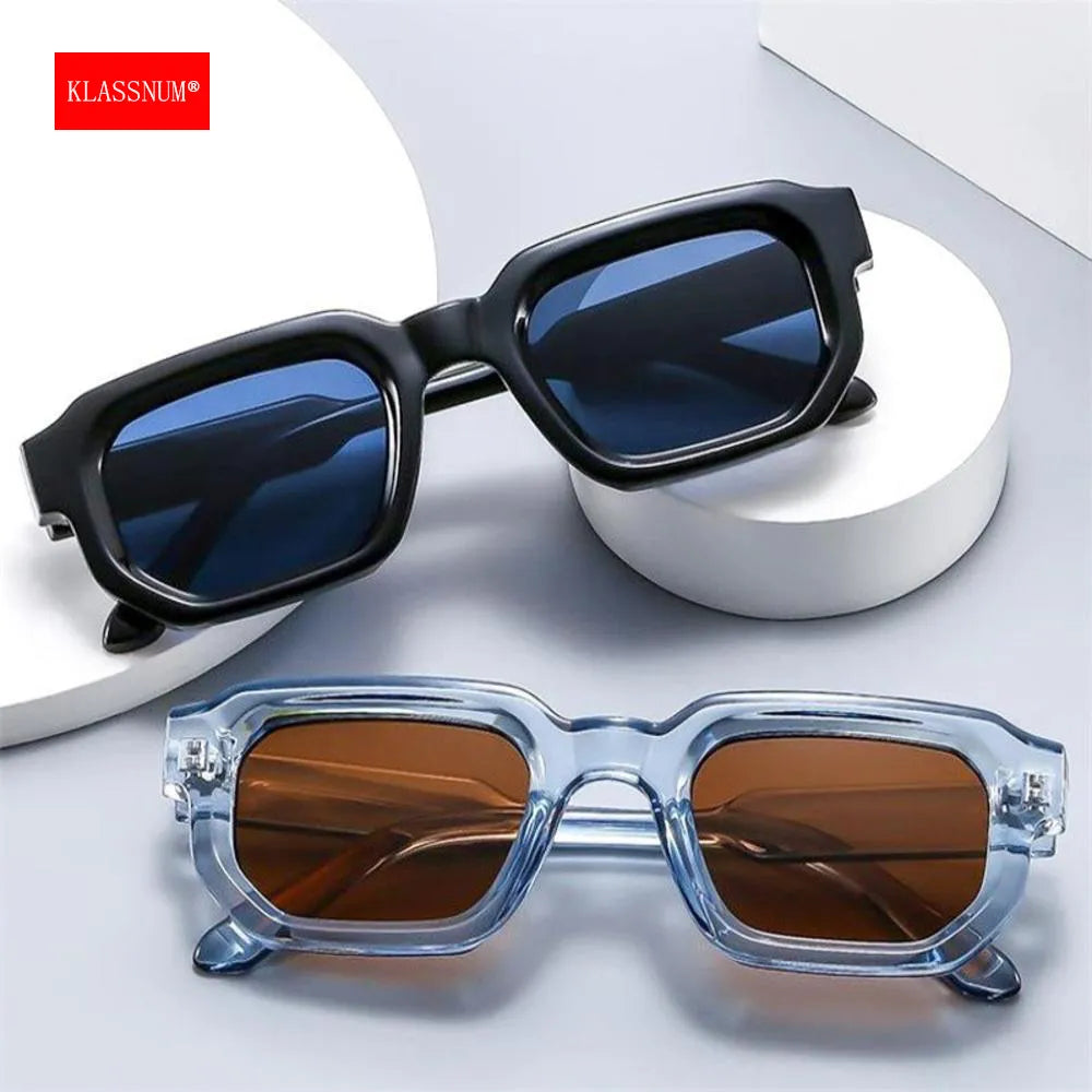 KLASSNUM Men Vintage Rectangle Frame Sunglasses Fashion Retro Sun Glasses Luxury Brand Design UV400 Shades Eyewear Women Goggles