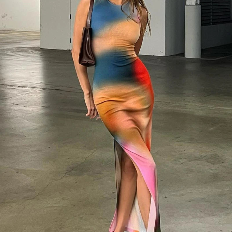 Women Y2k Tie Dye Tank Dress Sleeveless Bodycon Long Dresses Printed Slim Fit Short Dress Trendy Summer Sundress