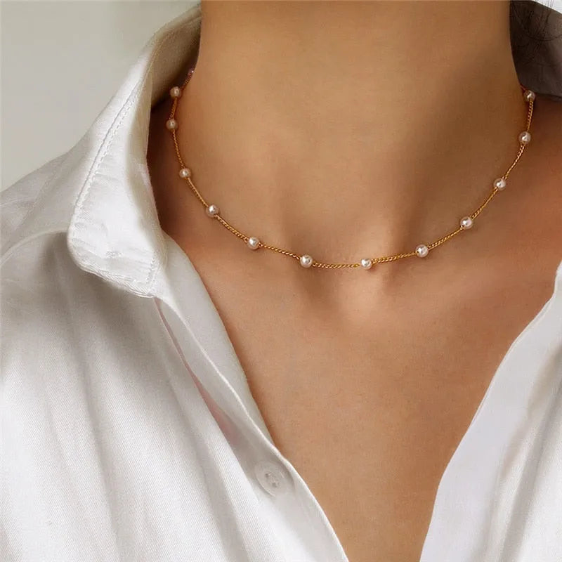 Women's Neck Chain Korean Style Pearl Choker Necklace Gold Color Jewelry Pendant Necklaces 2023 Collar for Girl