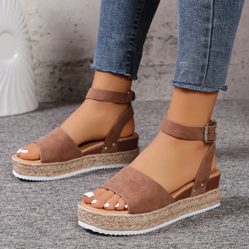 Hemp Rope Slope Heel Sandals Casual Sandal Open Toe Buckle Ankle Strap Espadrilles Flatform Wedge Women Thick  Beach slides