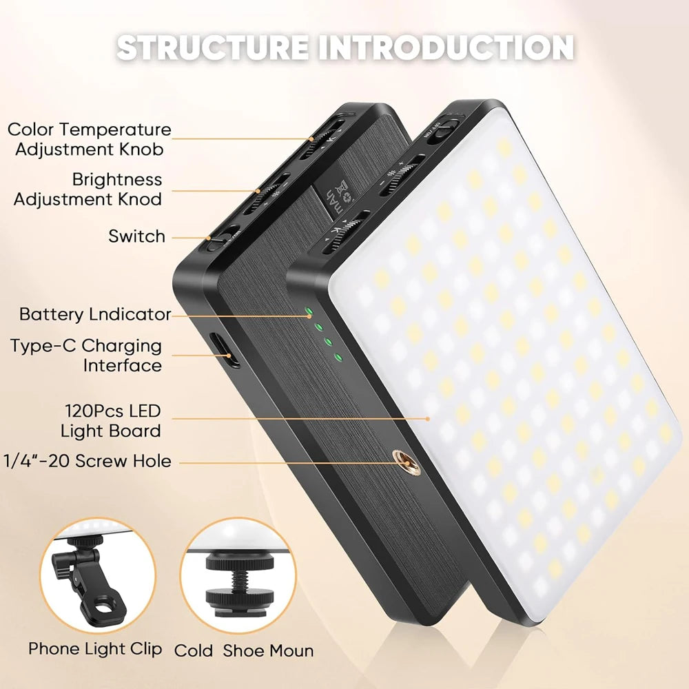 LED Selfie Light 120 LED 3000Mah Rechargeable Phone Light Clip 3 Light Modes Ring Light for Phone iPad Camera Laptop Selfie