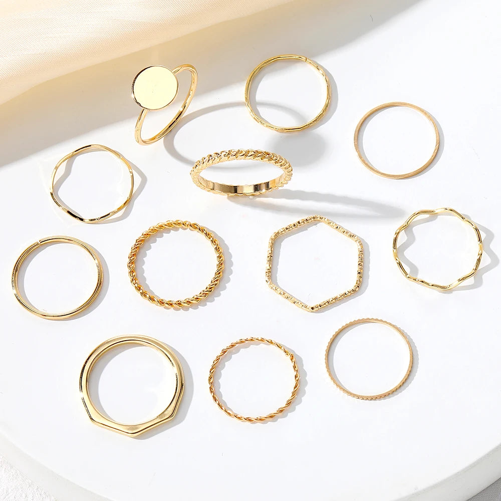 EN Simple Fashion Female Gold Color Rings Set for Women Girls Accessories 2023 Trend Round Shape Metal Wave Joint Ring Gifts