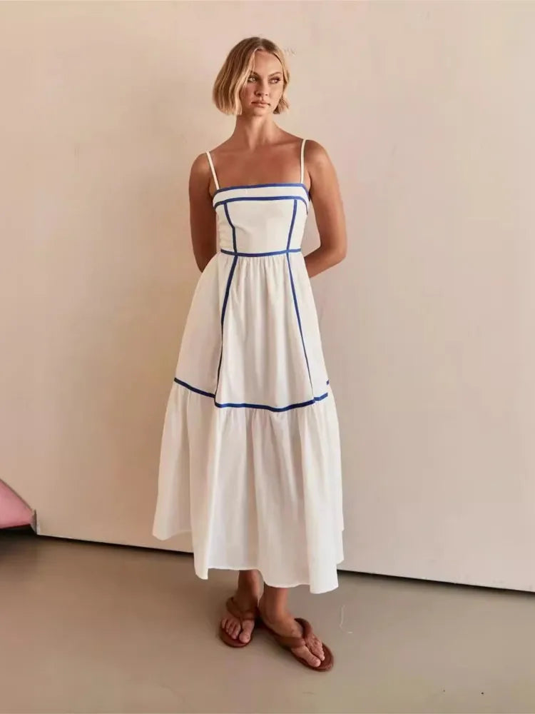 Solid Color Stripe Patchwork Spaghetti Strap Dresses Women Fashion Trendy Temperament Elegant Lady A-line Long Dress Streetwear