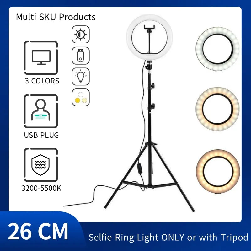 10" LED Selfie Ring Stuido Light Home Lighting Dimmable Round Lamp Tripod Trepied Makeup Selfie Ring Lamp Phone LIGHT FOR VIDEO