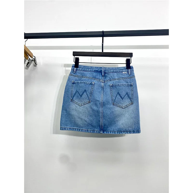 Women Blue Denim Skirt Zipper Fly Fashion All-Match High Waist Casual Mini Jupe