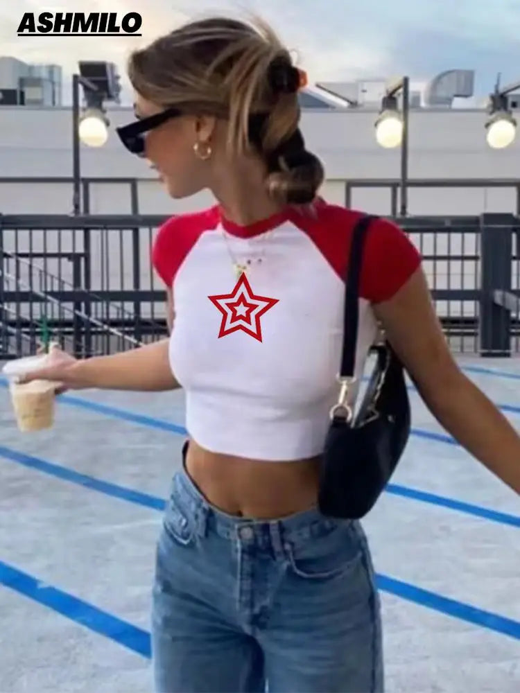 Star Girl Short-sleeved Crop Top Summer Tops New T-shirt Women Short Y2k Style Aesthetic Kawaii Korean Fashion Slim Streetwear