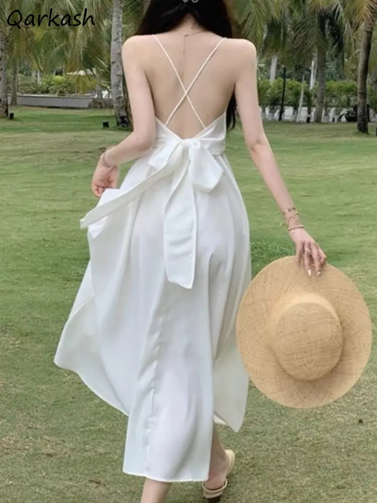 White Midi Dress Women Backless Elegant Sleeveless Lace-up Summer Vacation Beach Temper Trendy Kpop Clothes Ladies Vestidos Soft