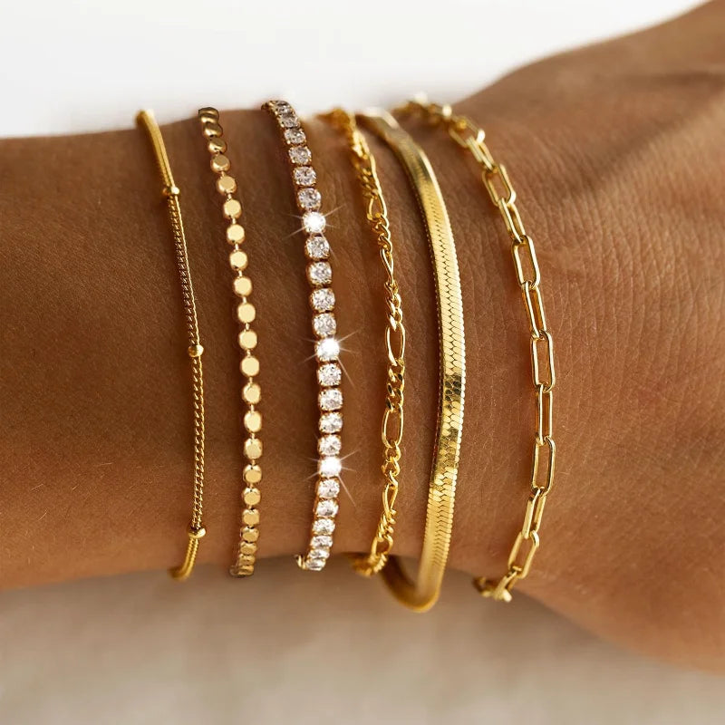 Waterproof Gold Bracelets Set for Women, Dainty 14K Real Gold Plated Tennis Beaded Figaro Herringbone Paperclip Link Bracelet