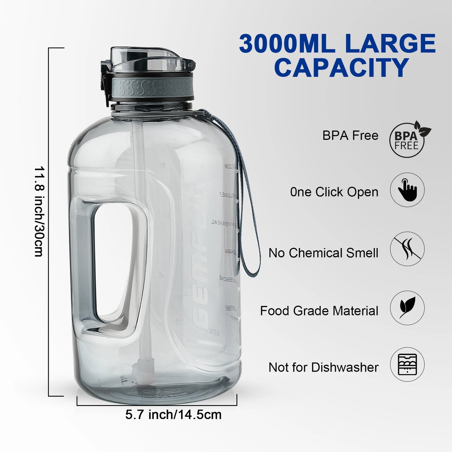 3 Liter Large Water Bottle BPA Free 3l Big Motivational  3000ml Drinking Jug with Straw and Time Marker for Sport, Travel, Gym