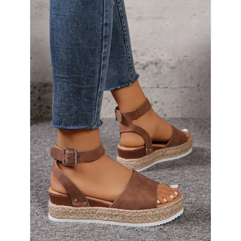 Hemp Rope Slope Heel Sandals Casual Sandal Open Toe Buckle Ankle Strap Espadrilles Flatform Wedge Women Thick  Beach slides