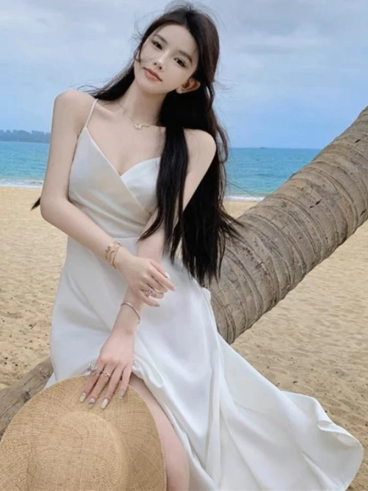 White Midi Dress Women Backless Elegant Sleeveless Lace-up Summer Vacation Beach Temper Trendy Kpop Clothes Ladies Vestidos Soft