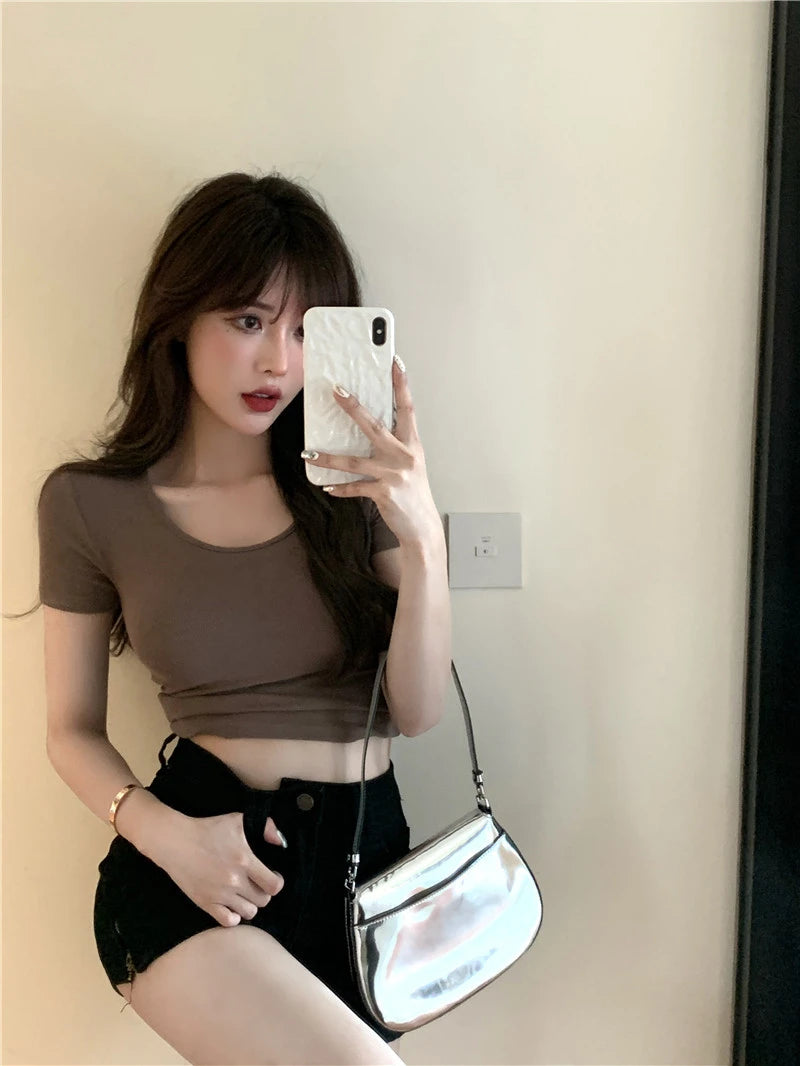 Korean Fashion Summer Fashion Y2K T-shirt Woman Short Sleeve Crop Top Women Sexy Skinny Tee Shirt Femme Solid V-neck Clothes