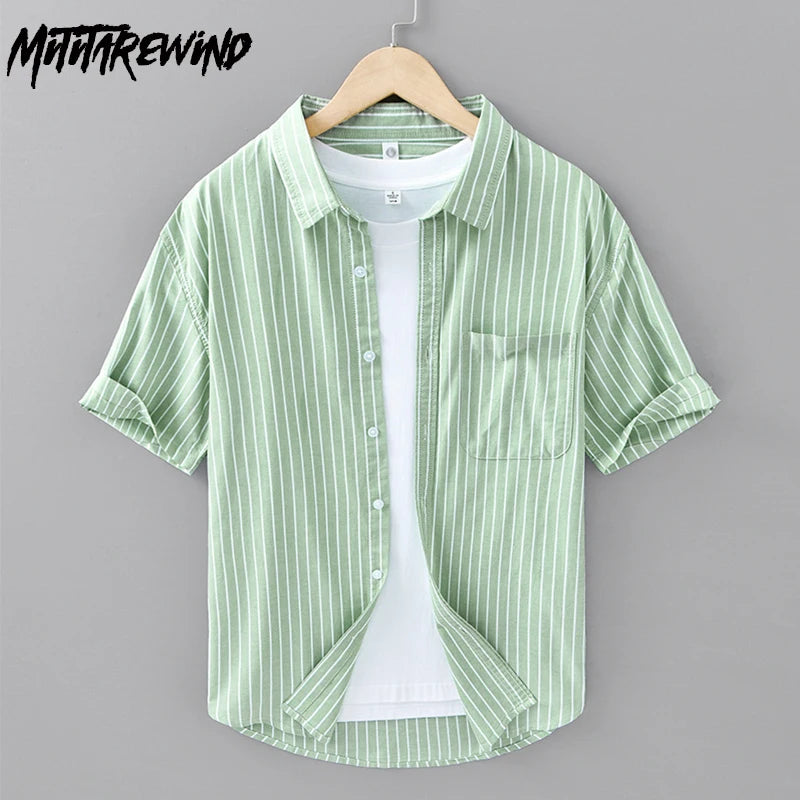 Summer Fresh Striped Shirt Men Japanese Causal New Short Sleeve Man Shirts Lapel Pure Cotton Button Up Shirt Comfortable Clothes