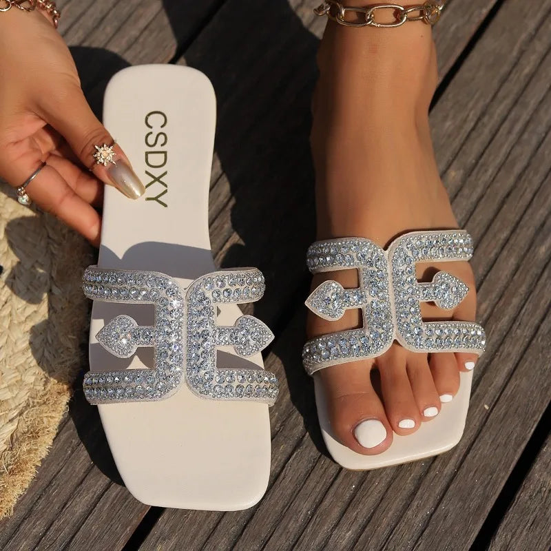 Summer Sandals for Women Flat Sandal Sparkle Rhinestone Slide Trendy Women's Beach Sparkly Dressy Slip on Bling Casual Shoes