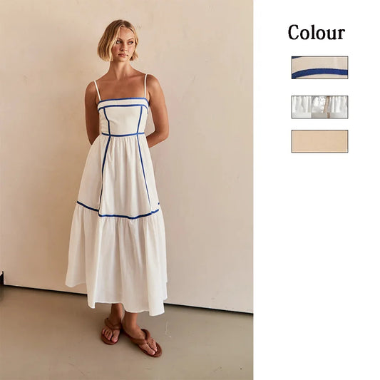 Solid Color Stripe Patchwork Spaghetti Strap Dresses Women Fashion Trendy Temperament Elegant Lady A-line Long Dress Streetwear