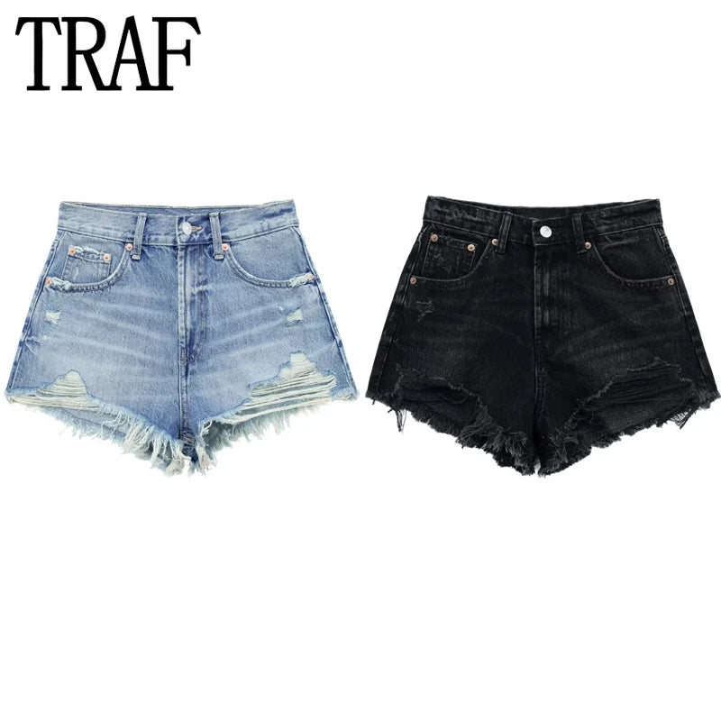 TRAF Women's Jeans Shorts Blue Black Denim Shorts Women High Waist Summer Shorts Woman Fashion Ripped Streetwear Short Pants