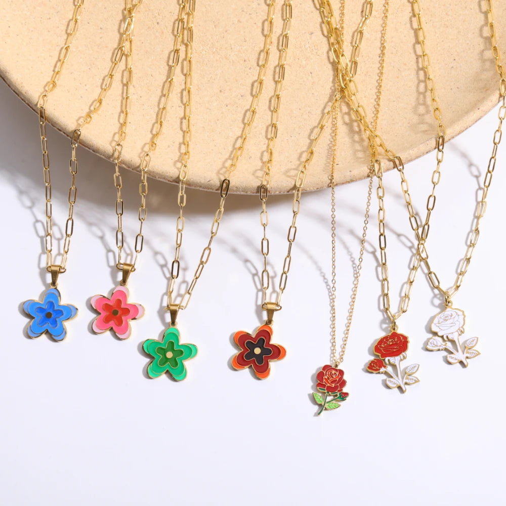 Vintage Flowers Pendant Necklace Stainless Steel Enamel Rose Chain Charm Simple Necklace Women's Accessories Valentine's Day