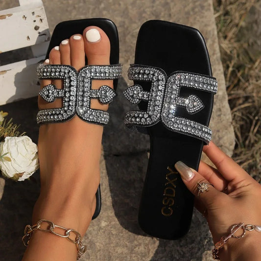 Summer Sandals for Women Flat Sandal Sparkle Rhinestone Slide Trendy Women's Beach Sparkly Dressy Slip on Bling Casual Shoes